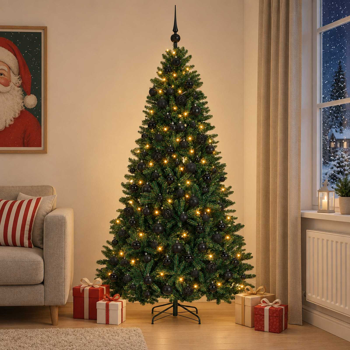Artificial Christmas Tree with Bauble 240 cm Dark Green Ø 120 x 240 cm with 300 LEDs&black balls