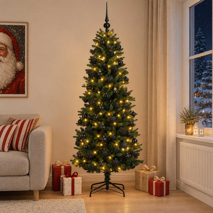 Artificial Christmas Tree with Bauble 300 LEDs Green 210 cm with LEDs &  black balls