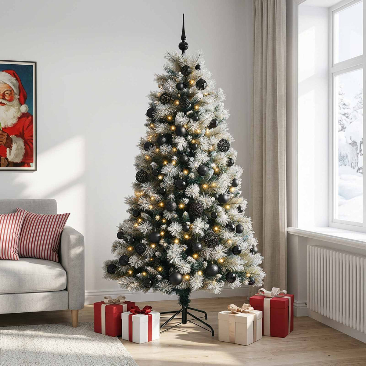 Artificial Hinged Christmas Tree with Baubles 150 LEDs with LEDs & black balls
