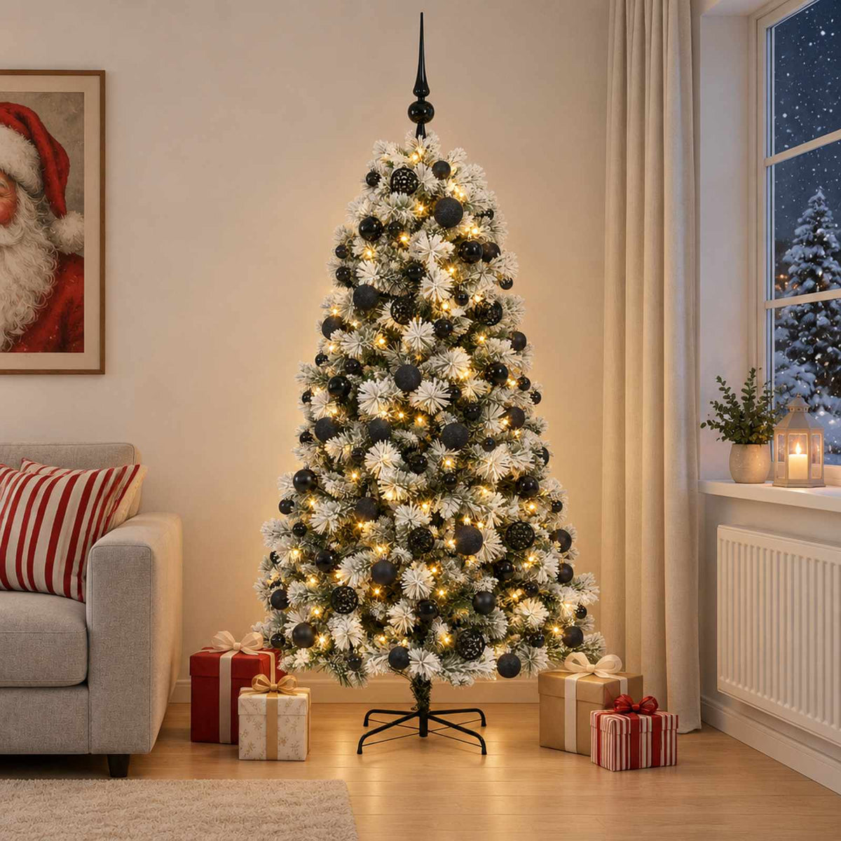 Artificial Hinged Christmas Tree with Baubles 150 LEDs Green and white 210 cm with LEDs & black balls