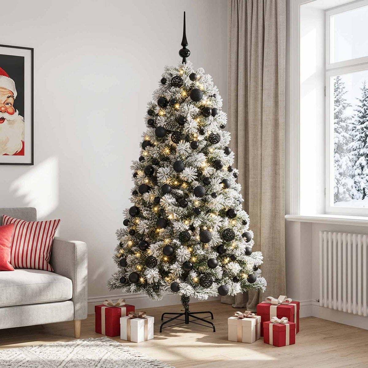 Artificial Hinged Christmas Tree with Baubles 150 LEDs Green and white 210 cm with LEDs & black balls
