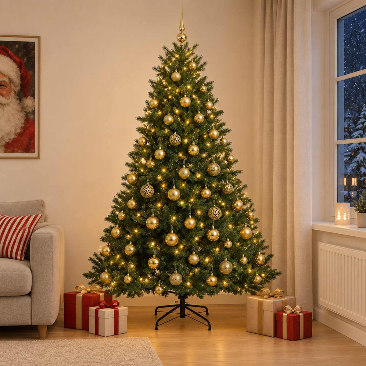 Artificial Christmas Tree with Bauble 300 LEDs Green Height 210 cm with LEDs & gold balls
