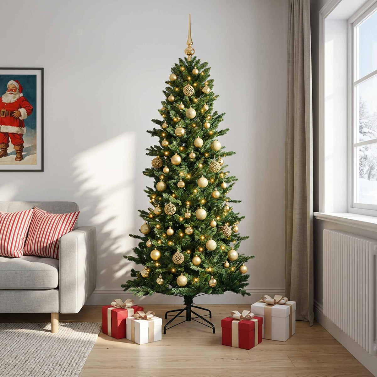 Artificial Christmas Tree with Bauble 300 LEDs Green Height 210 cm with LEDs & gold balls