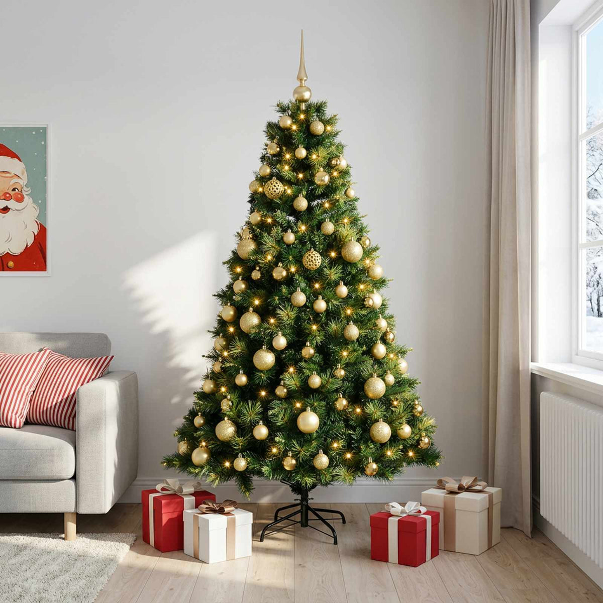 Artificial Christmas Tree with Bauble 300 LEDs Green Height 180 cm with LEDs & gold balls