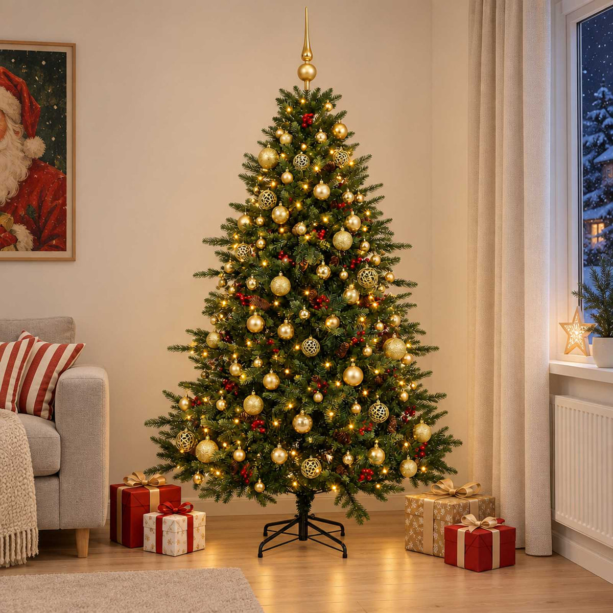 Artificial Christmas Tree with Bauble 300 LEDs Green 180 cm with LEDs & gold balls
