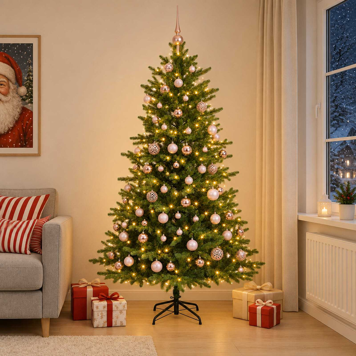 Artificial Christmas Tree with Bauble 300 LEDs Green Height 240 cm with LEDs & pink balls