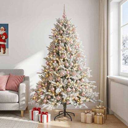 Artificial Christmas Tree with Bauble 150 LEDs Green and White 180 cm with LEDs & pink balls