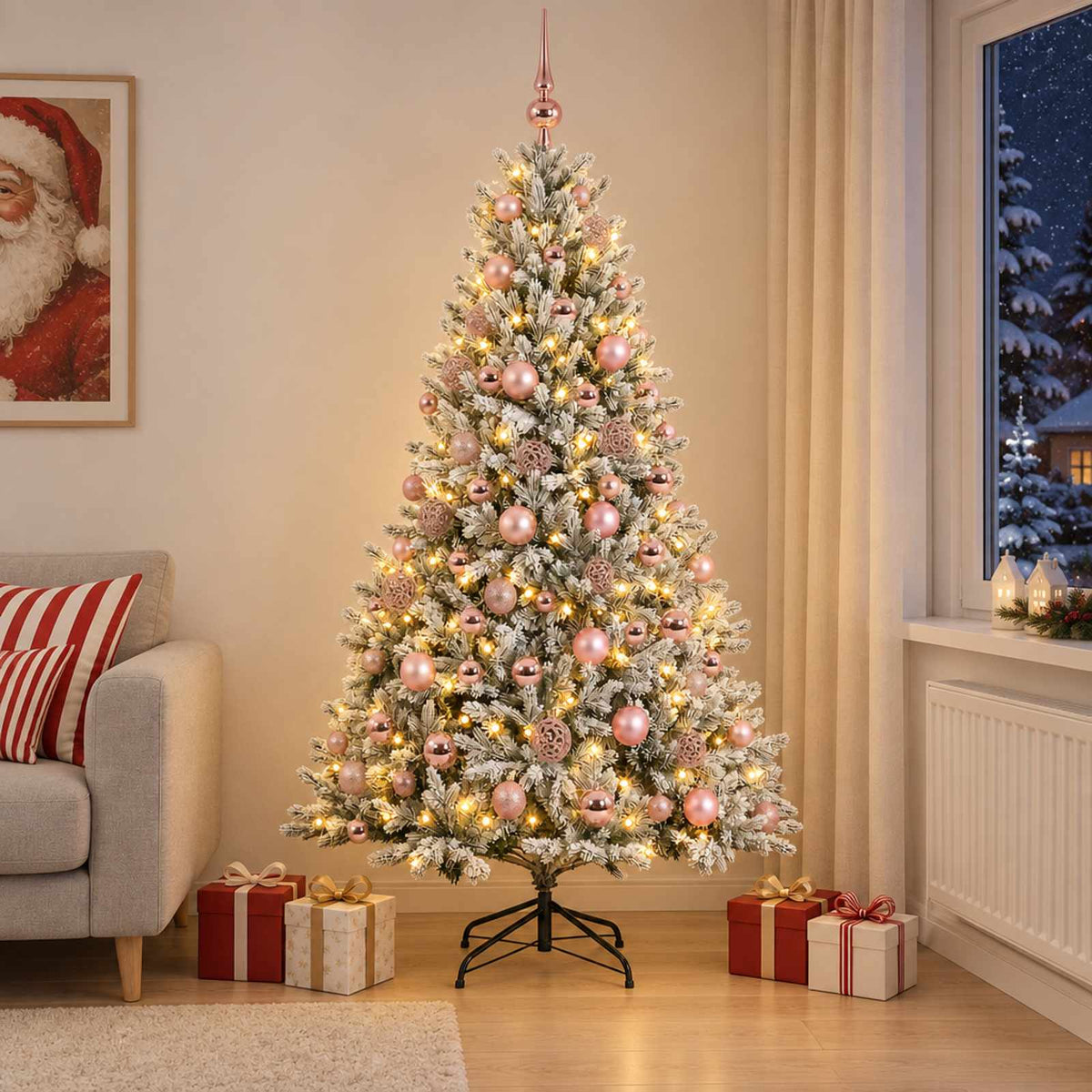 Artificial Christmas Tree with Bauble 300 LEDs Green and white Height 210 cm with LEDs & pink balls