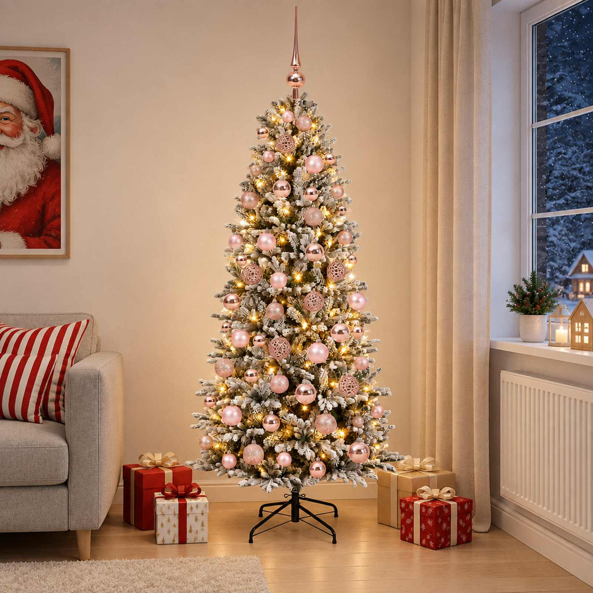 Artificial Christmas Tree with Bauble 300 LEDs Green and White Height 180 cm with LEDs & pink balls