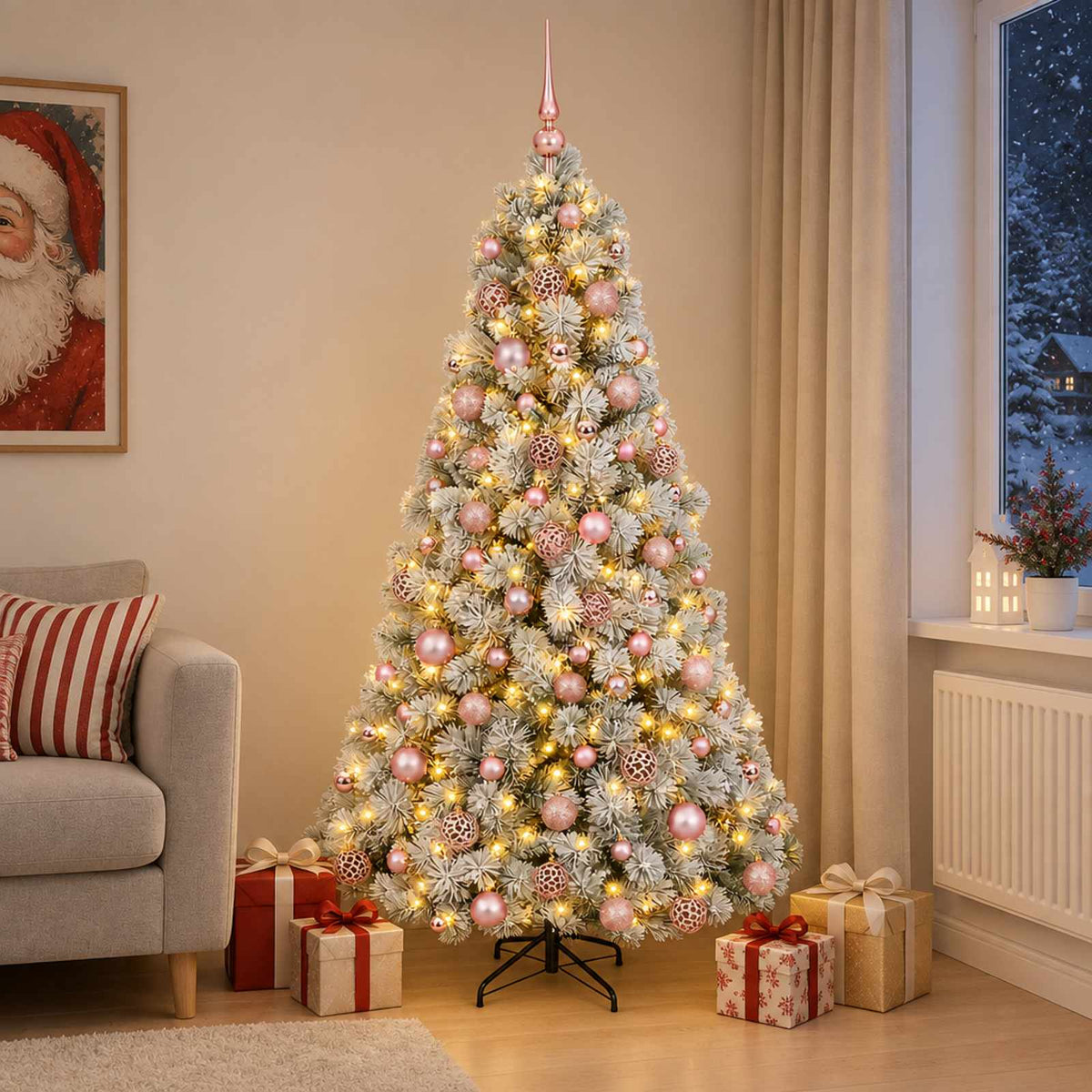 Artificial Christmas Tree with Bauble 300 LEDs Green and White 180 cm with LEDs & pink balls