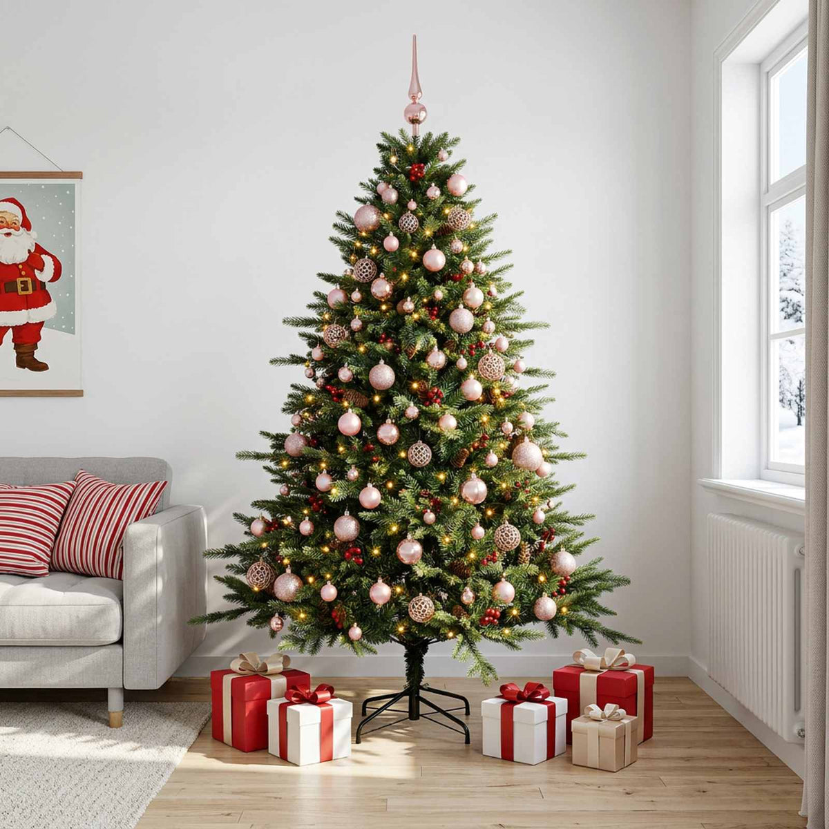 Artificial Christmas Tree with Bauble 300 LEDs Green 240 cm with LEDs & pink balls