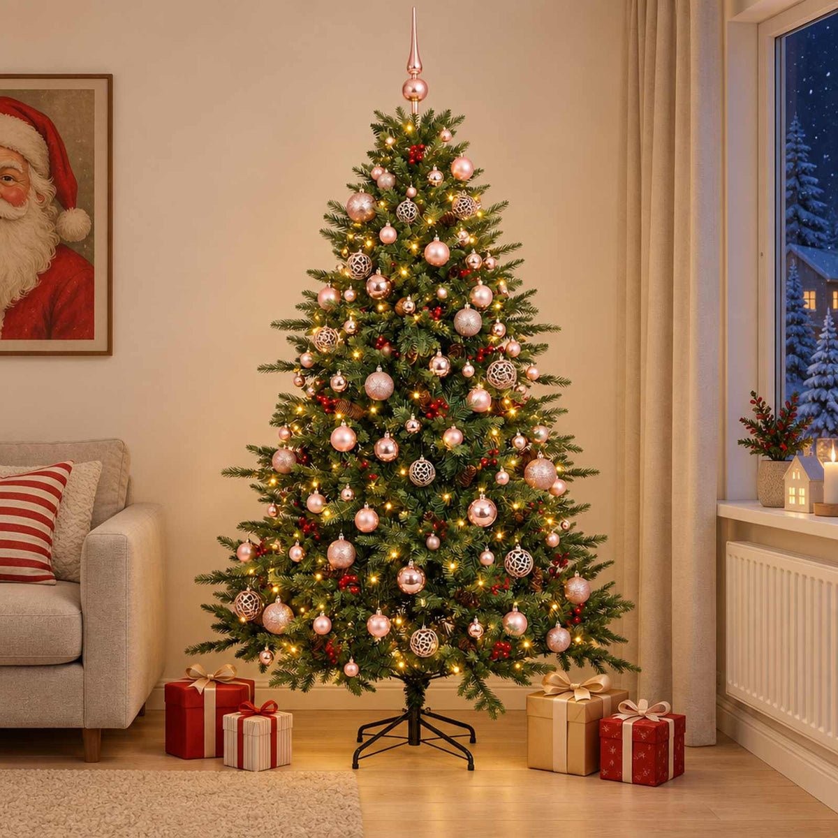 Artificial Christmas Tree with Bauble 300 LEDs Green 210 cm with LEDs & pink balls