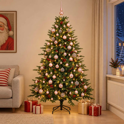 Artificial Christmas Tree with Bauble 300 LEDs Green 210 cm with LEDs & pink balls
