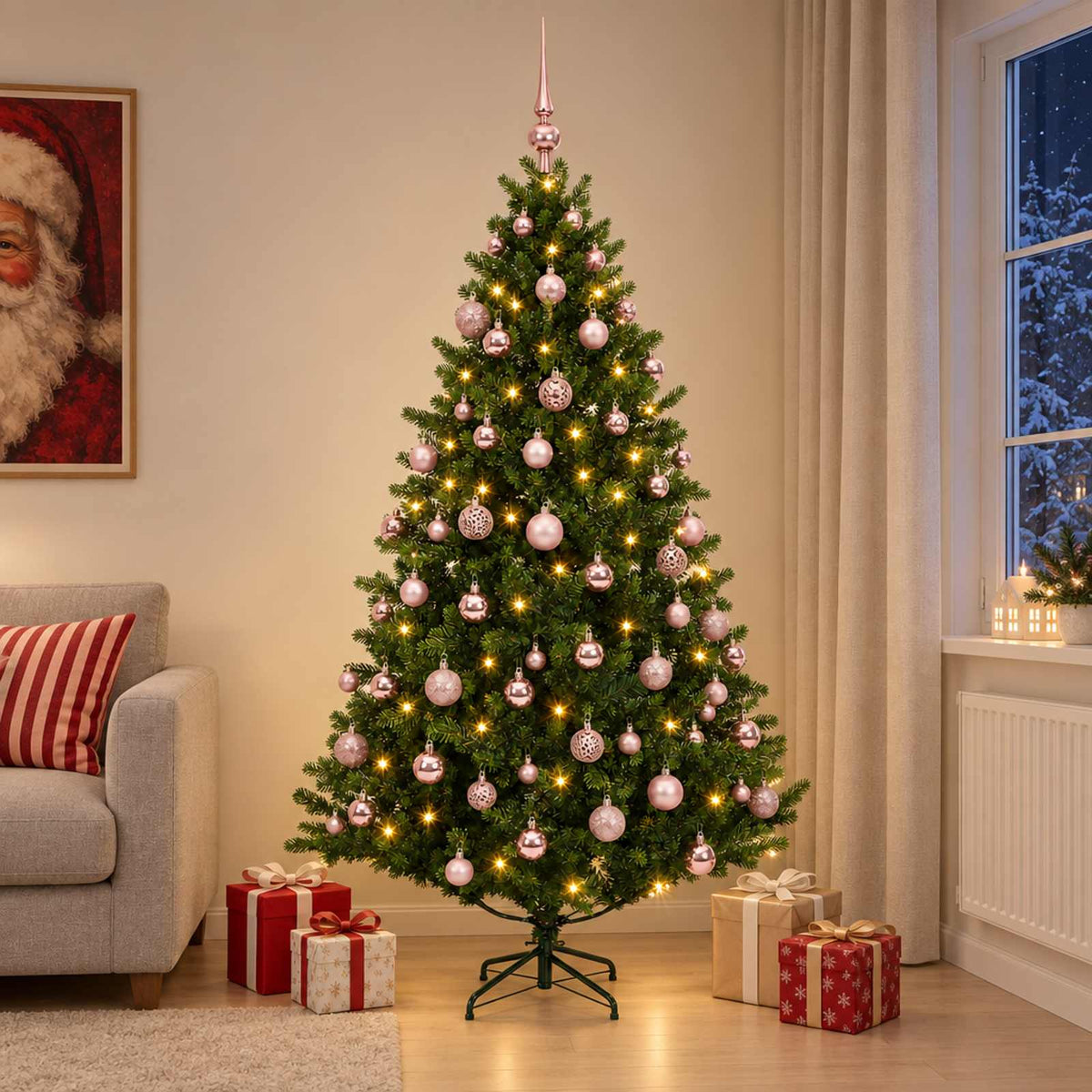 Artificial Christmas Tree with Bauble 300 LEDs Green 210 cm with LEDs & pink balls