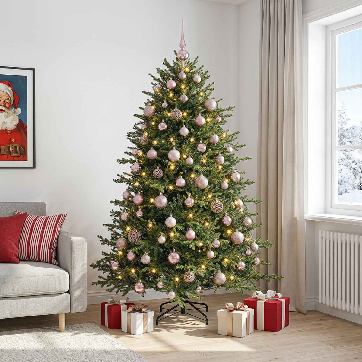 Artificial Christmas Tree with Bauble 300 LEDs 180 cm with LEDs & pink balls
