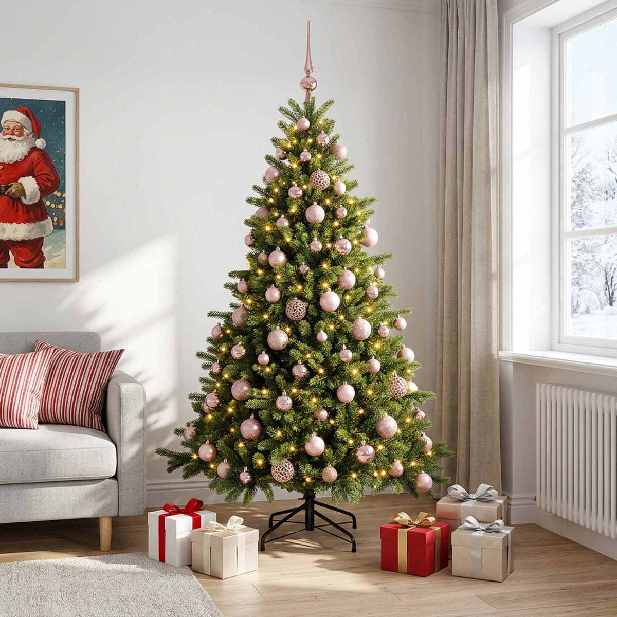 Artificial Christmas Tree with Bauble 300 LEDs 240 cm with LEDs & pink balls