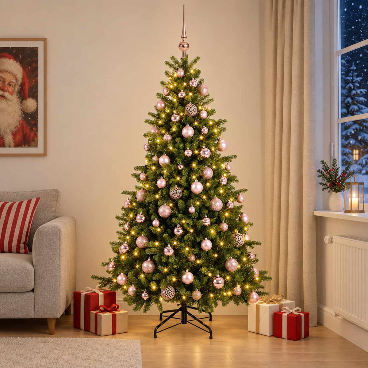 Artificial Christmas Tree with Bauble 300 LEDs 240 cm with LEDs & pink balls