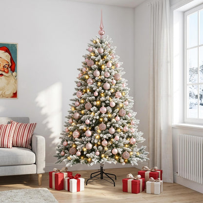 Artificial Christmas Tree with Bauble 150 LEDs Green and white 240 cm with LEDs & pink balls