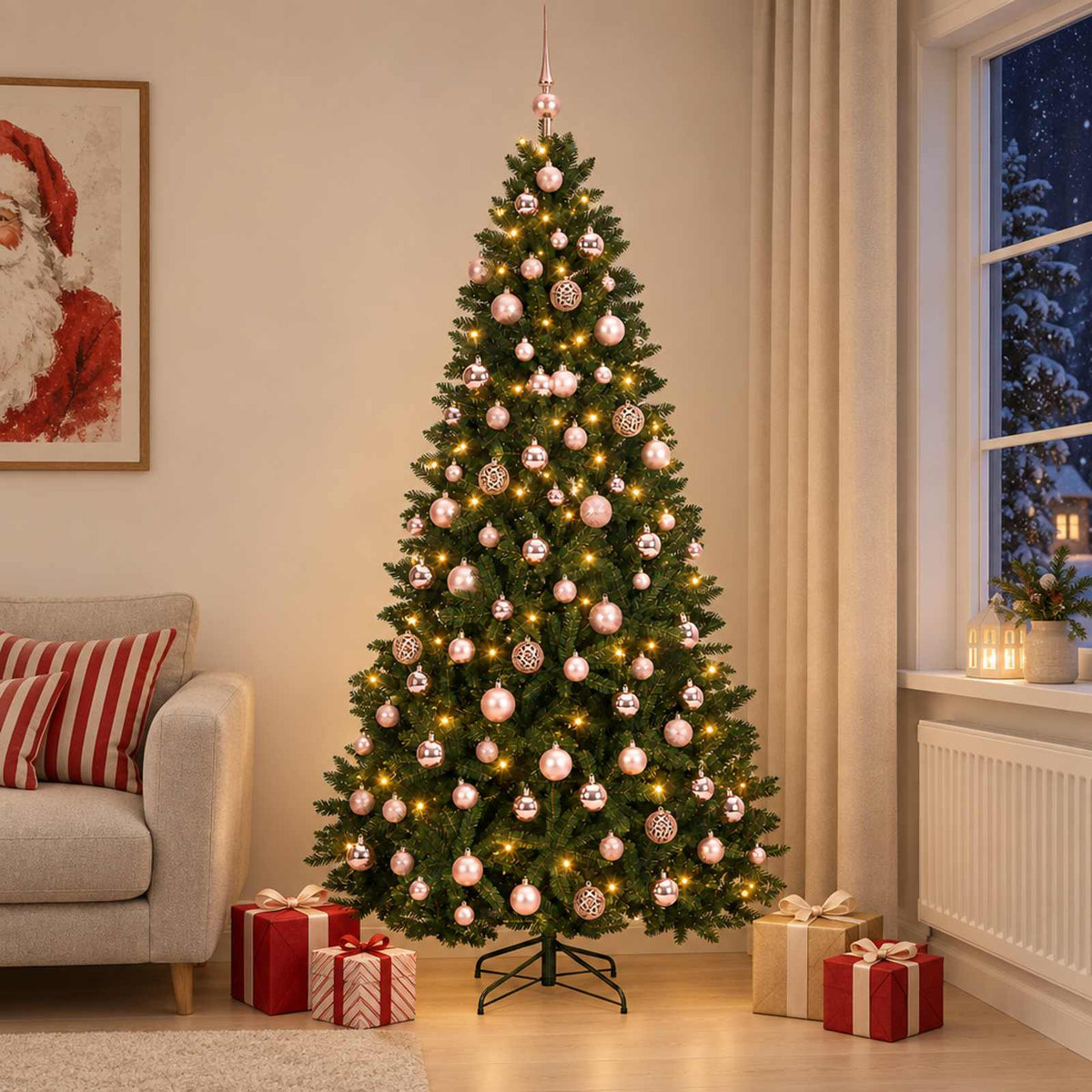 Artificial Christmas Tree with Bauble 240 cm Dark Green Ø 120 x 240 cm with 300 LEDs&pink balls