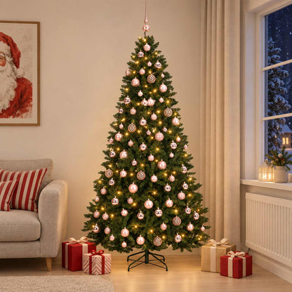 Artificial Christmas Tree with Bauble 240 cm Dark Green Ø 120 x 240 cm with 300 LEDs&pink balls