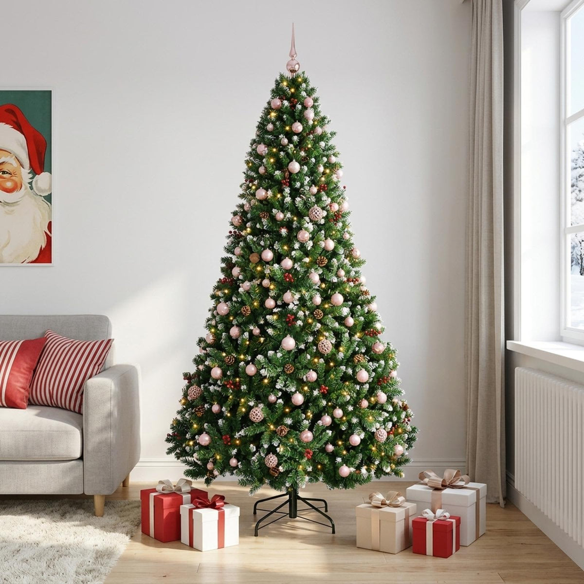 Artificial Christmas Tree Green with Bauble 240 cm 300 LEDs Green with frosted tips Ø 120 x 240 cm with 300 LEDs&pink balls