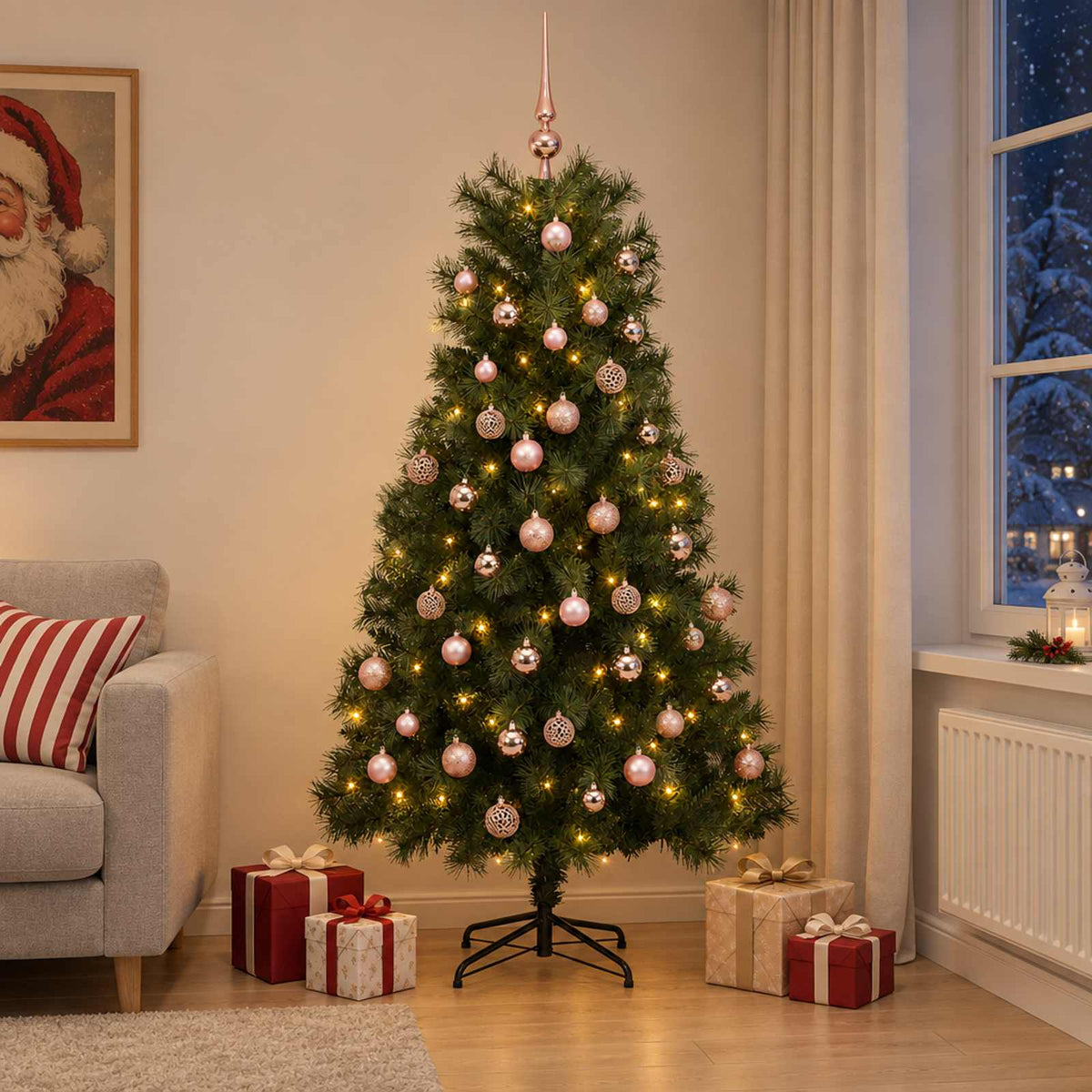 Artificial Hinged Christmas Tree with Baubles 150 LEDs Green 180 cm with LEDs & pink balls