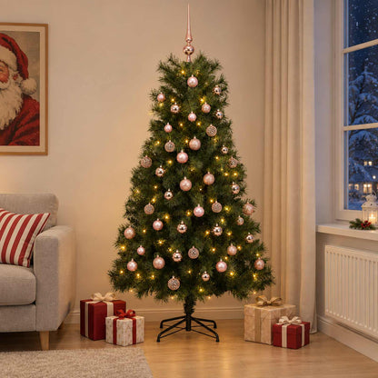 Artificial Hinged Christmas Tree with Baubles 150 LEDs Green 180 cm with LEDs & pink balls