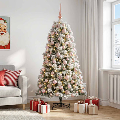 Artificial Hinged Christmas Tree with Baubles 150 LEDs Green and white 210 cm with LEDs & pink balls