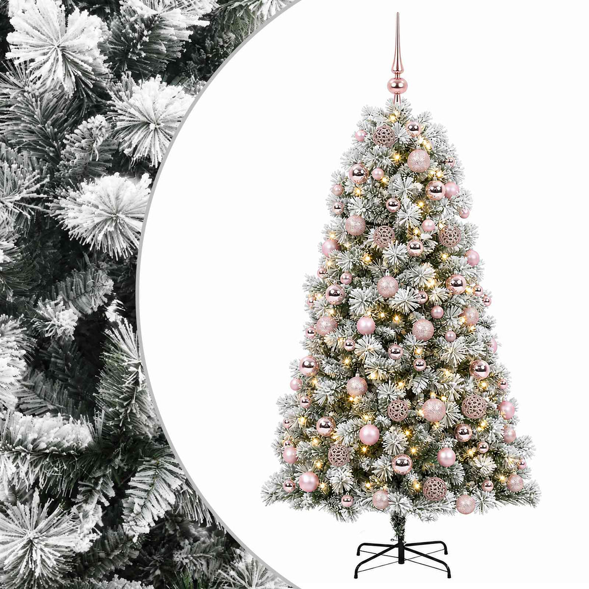 Artificial Hinged Christmas Tree with Baubles 150 LEDs Green and white 210 cm with LEDs & pink balls