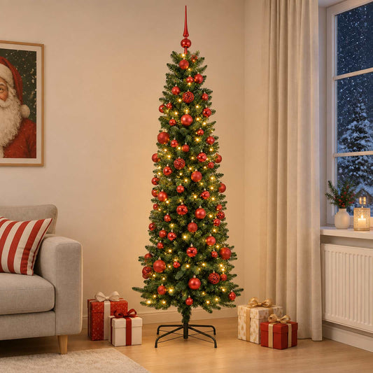 vidaXL Artificial Slim Christmas Tree with Bauble 210 cm 300 LEDs 1