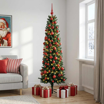 vidaXL Artificial Slim Christmas Tree with Bauble 210 cm 300 LEDs 3