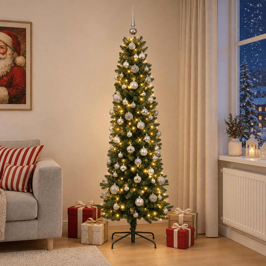vidaXL Artificial Slim Christmas Tree with Bauble 210 cm 300 LEDs 1