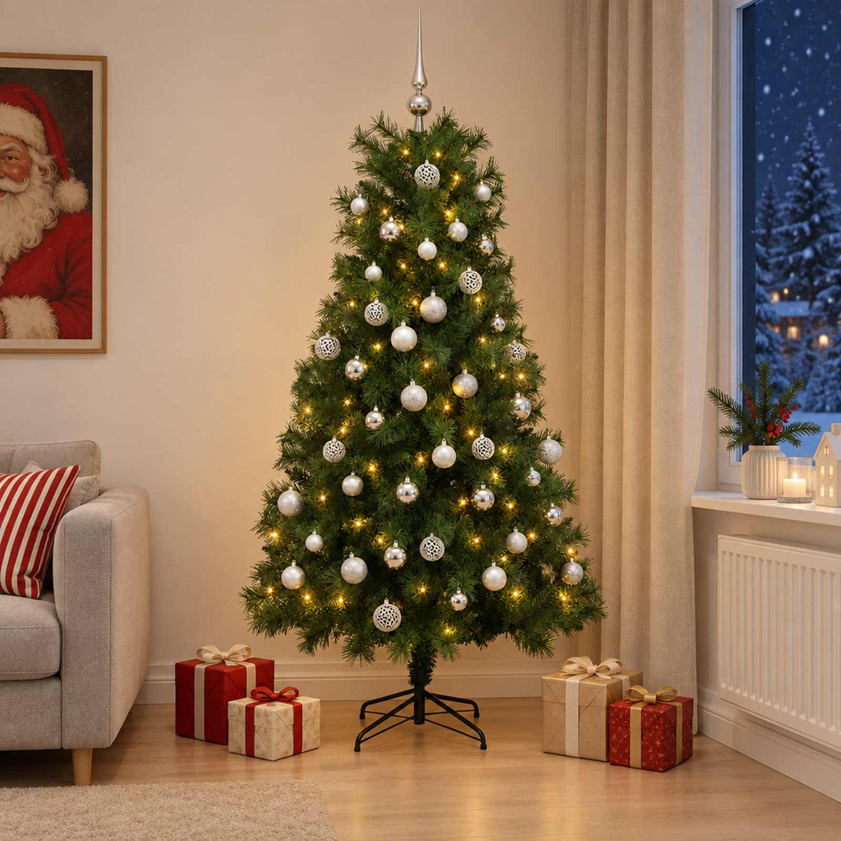 vidaXL Artificial Hinged Christmas Tree with Baubles 210 cm 300 LEDs 3