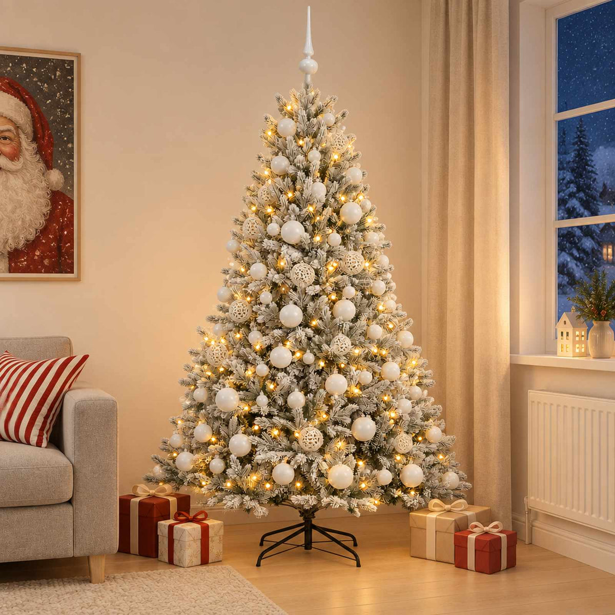 Artificial Christmas Tree with Bauble 300 LEDs Green and white Height 210 cm with LEDs & white balls