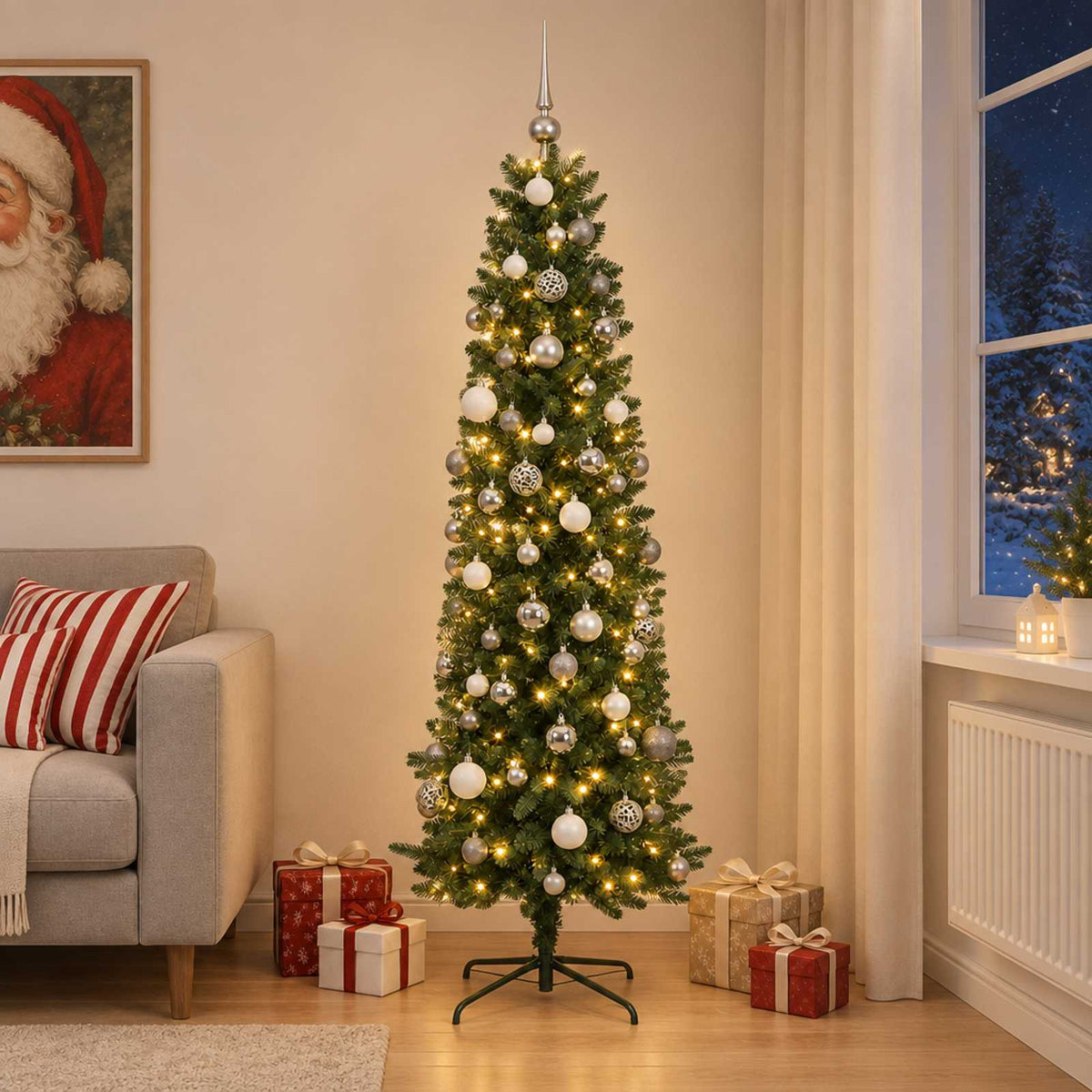 vidaXL Artificial Slim Christmas Tree with Baubles 210 cm 300 LEDs 3