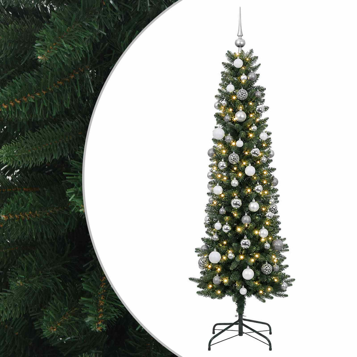 vidaXL Artificial Slim Christmas Tree with Baubles 210 cm 300 LEDs 2