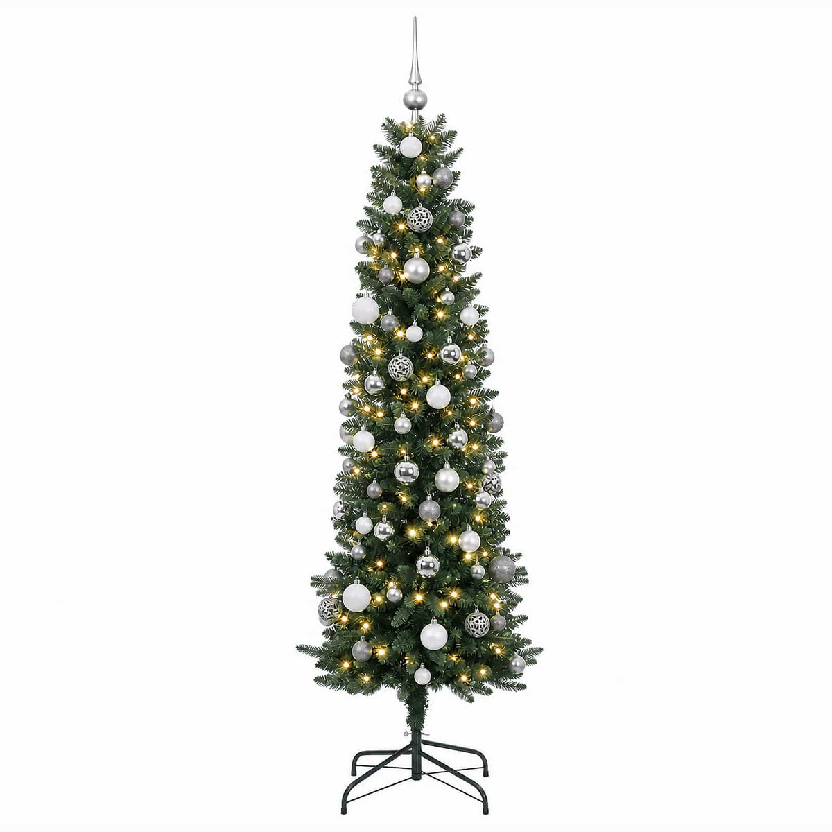 vidaXL Artificial Slim Christmas Tree with Baubles 210 cm 300 LEDs 4