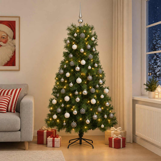 vidaXL Artificial Hinged Christmas Tree with Baubles 210 cm 300 LEDs 1