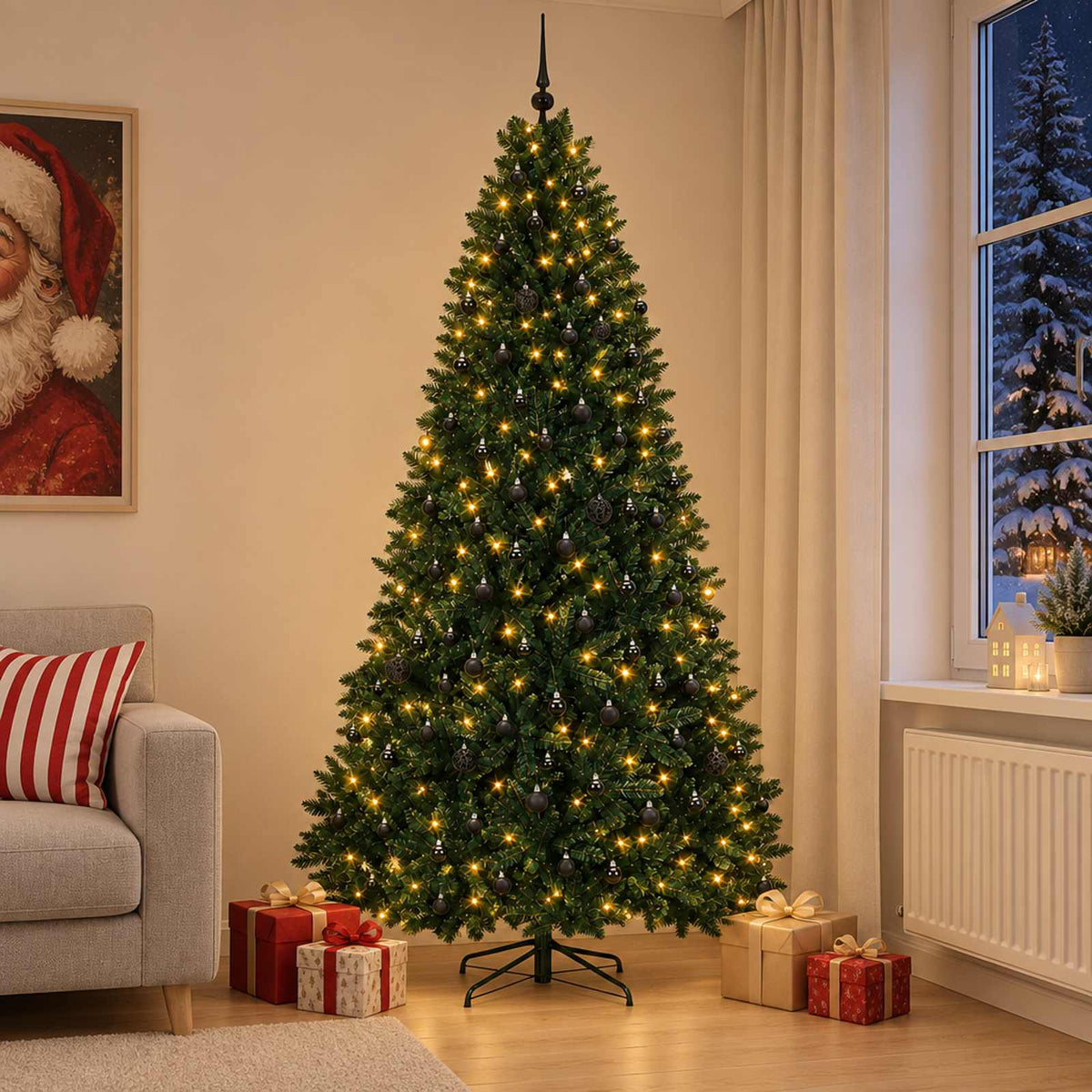 Artificial Christmas Tree with Bauble 270 cm Dark green Ø 128 x 270 cm with 300 LEDs&black balls