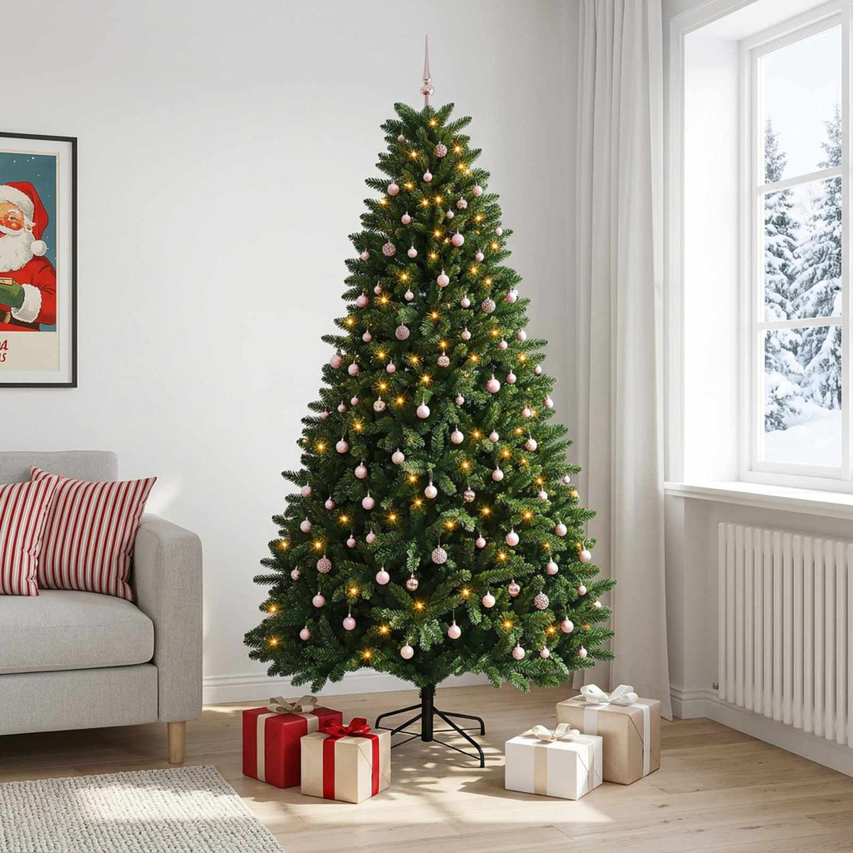 Artificial Hinged Christmas Tree 270 cm 600 LEDs Warm White Medium green Ø 128 x 270 cm with 300 LEDs&pink balls