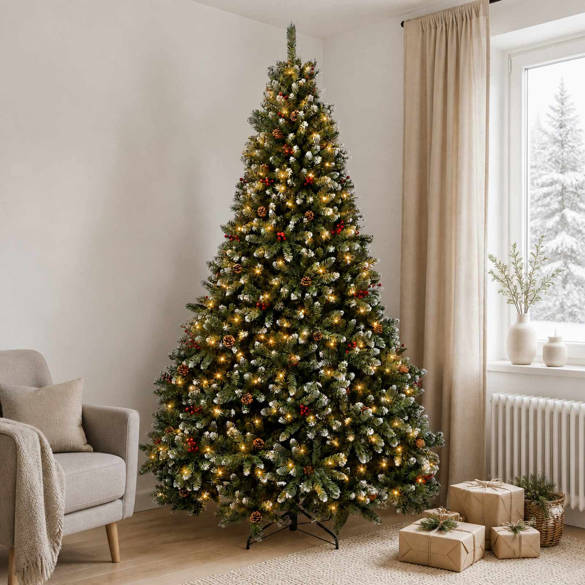 vidaXL Artificial Christmas Tree Green with Bauble 240 cm 300 LEDs Green with Frosted Tips Ø 120 x 240 cm
