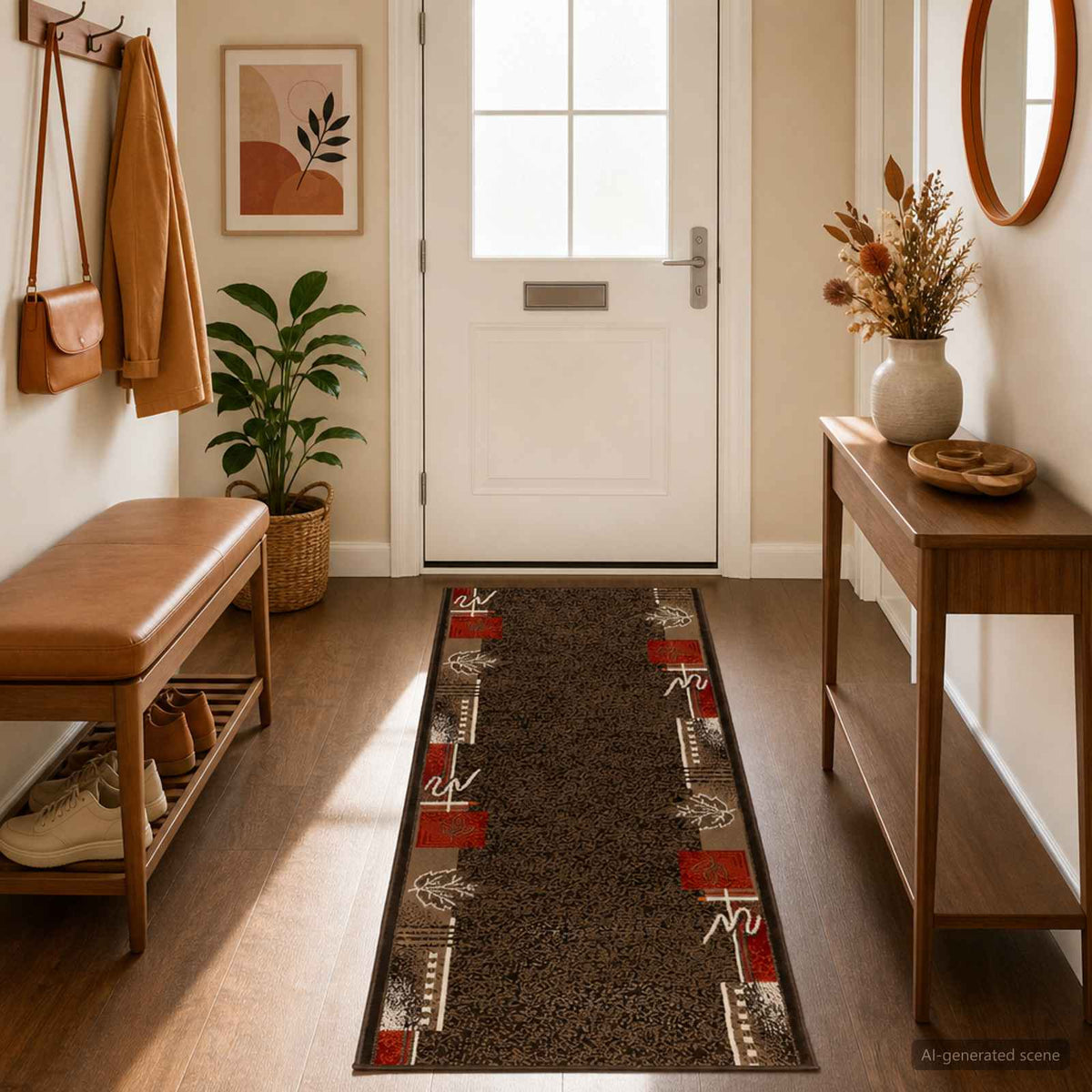 Runner Rug FLORNES Woven PP Brown leaves
