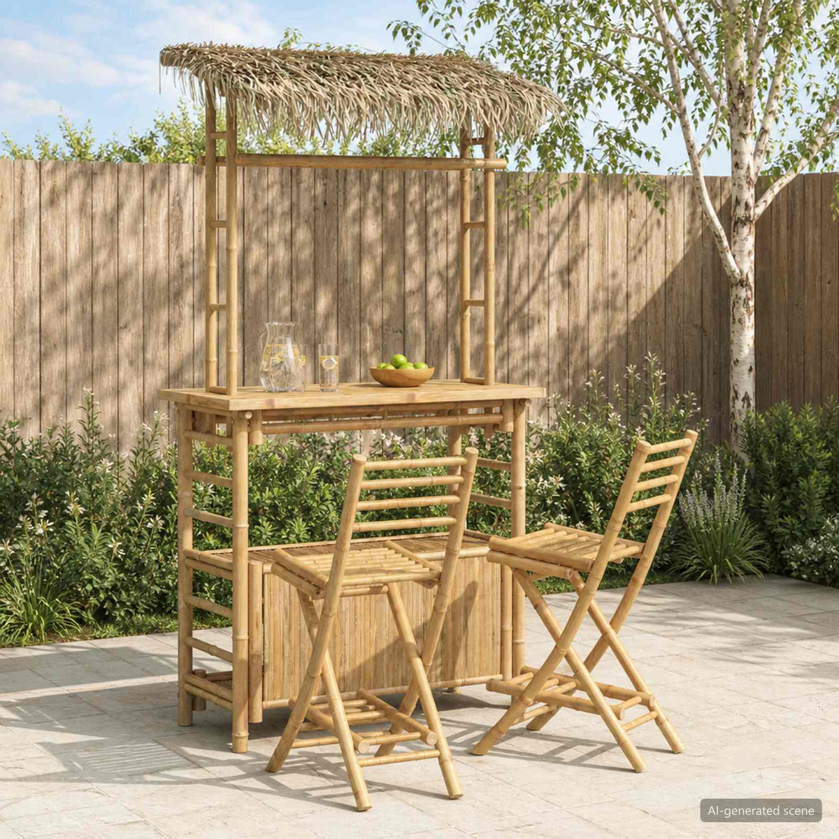 Outdoor Bar Table and Stools 3 pcs 2-Seaters Natural Bamboo Bar table with 1 leaf style roof + 2x bar chair