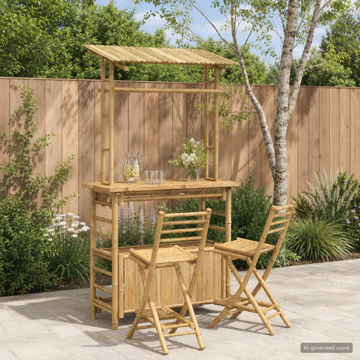 Outdoor Bar Table and Stools 3 pcs 2-Seaters Natural Bamboo Bar table with 1 roof + 2x bar chair
