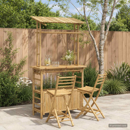 Outdoor Bar Table and Stools 3 pcs 2-Seaters Natural Bamboo Bar table with 1 roof + 2x bar chair