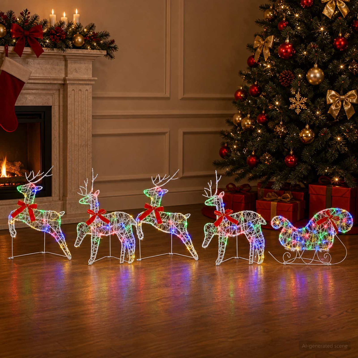 Christmas Reindeer with sleigh 100 LEDs Acrylic 5 Multicolour