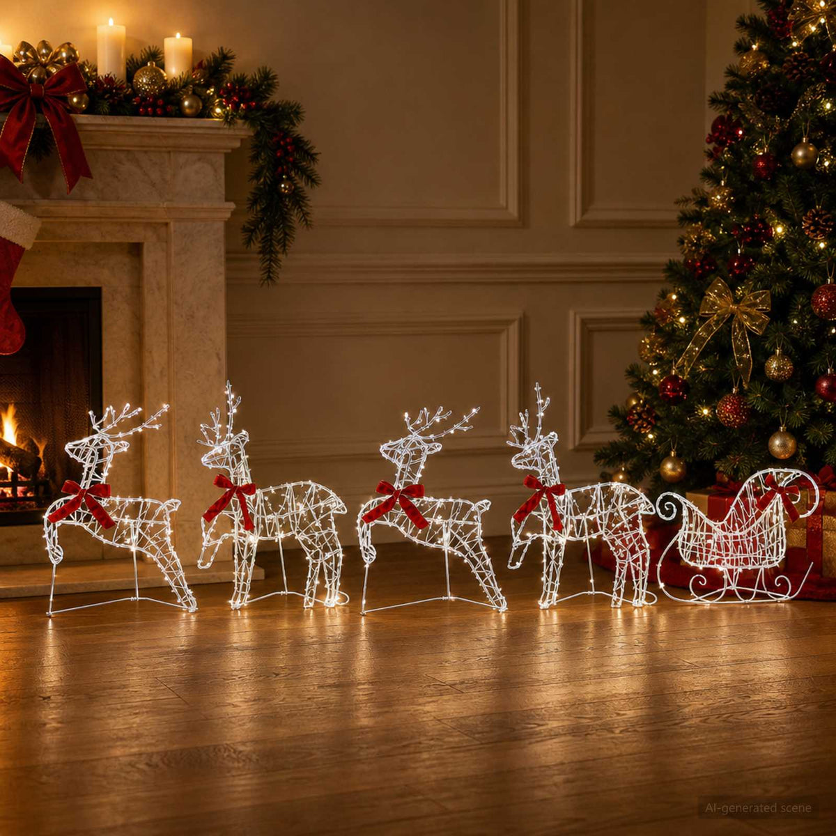 Christmas Reindeer with sleigh 100 LEDs Transparent string 5 Cold white