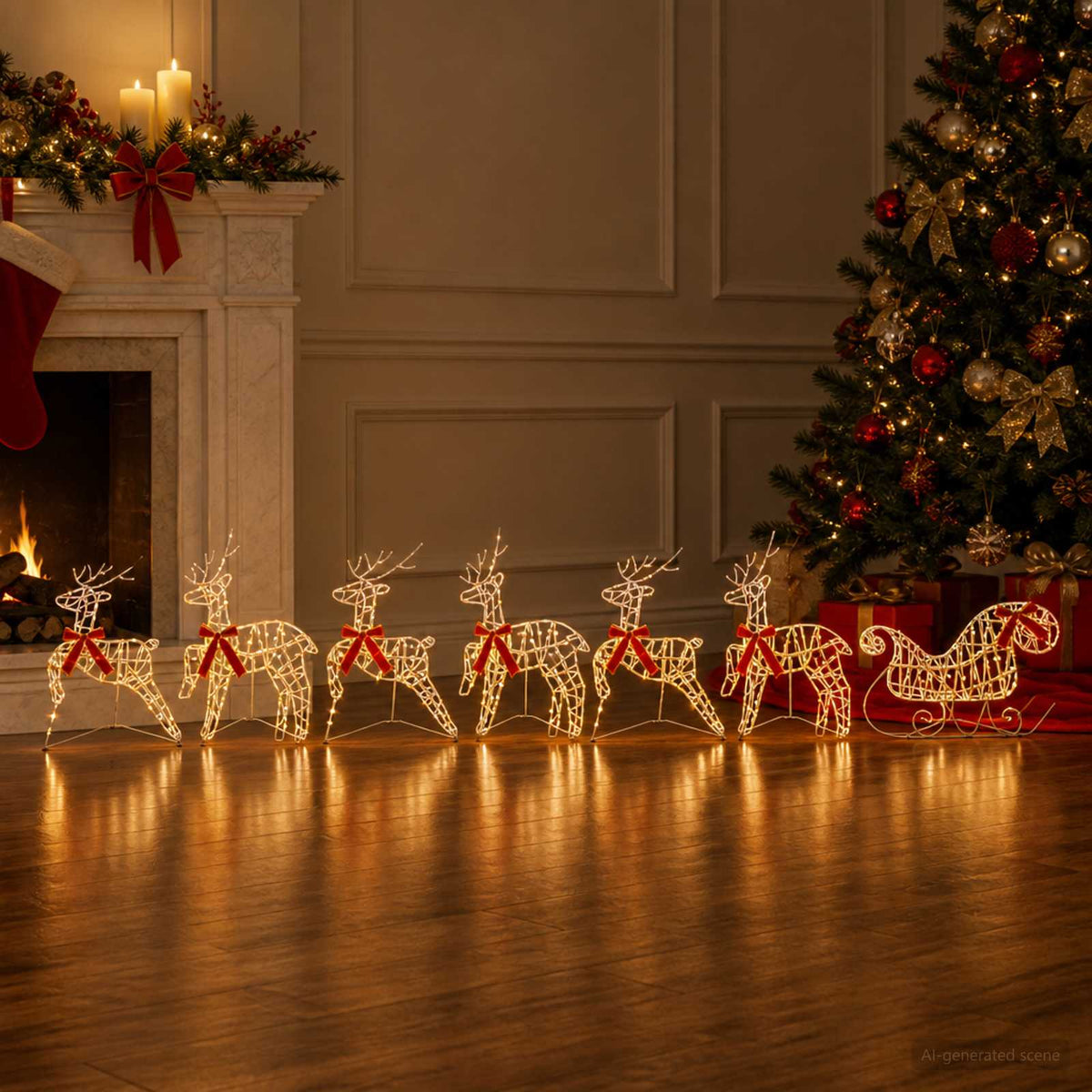 Christmas Reindeer with sleigh 100 LEDs Brown string 7 Warm white