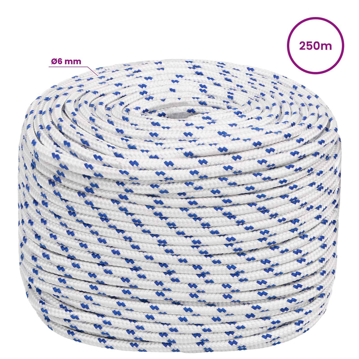 Multipurpose Utility Rope PP Length 250 m White and Blue 6 mm