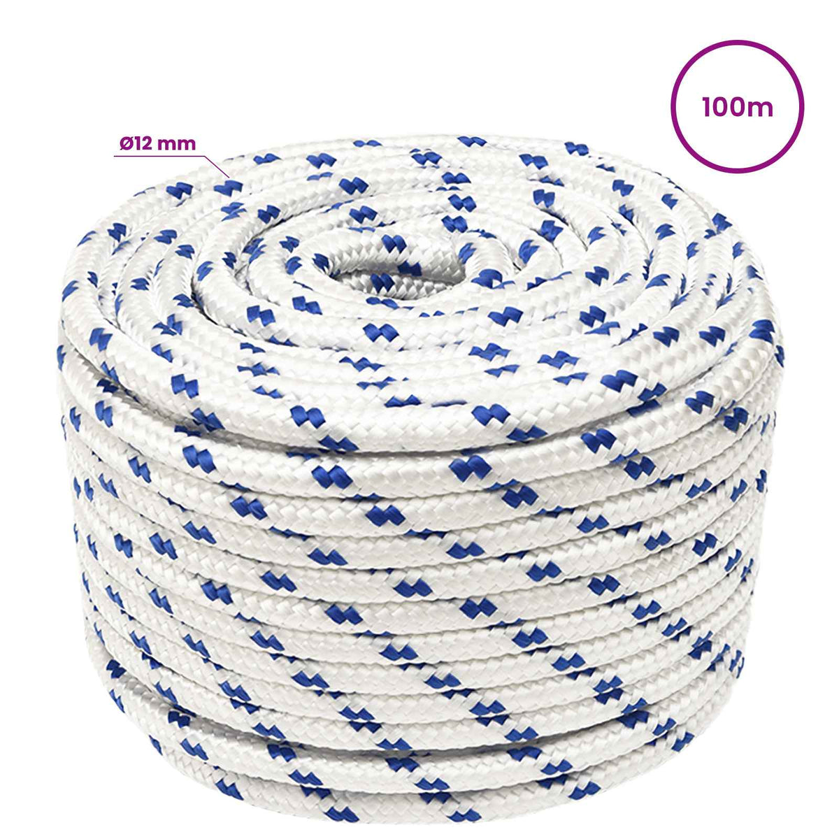 Multipurpose Utility Rope PP Length 100 m White and Blue 12 mm